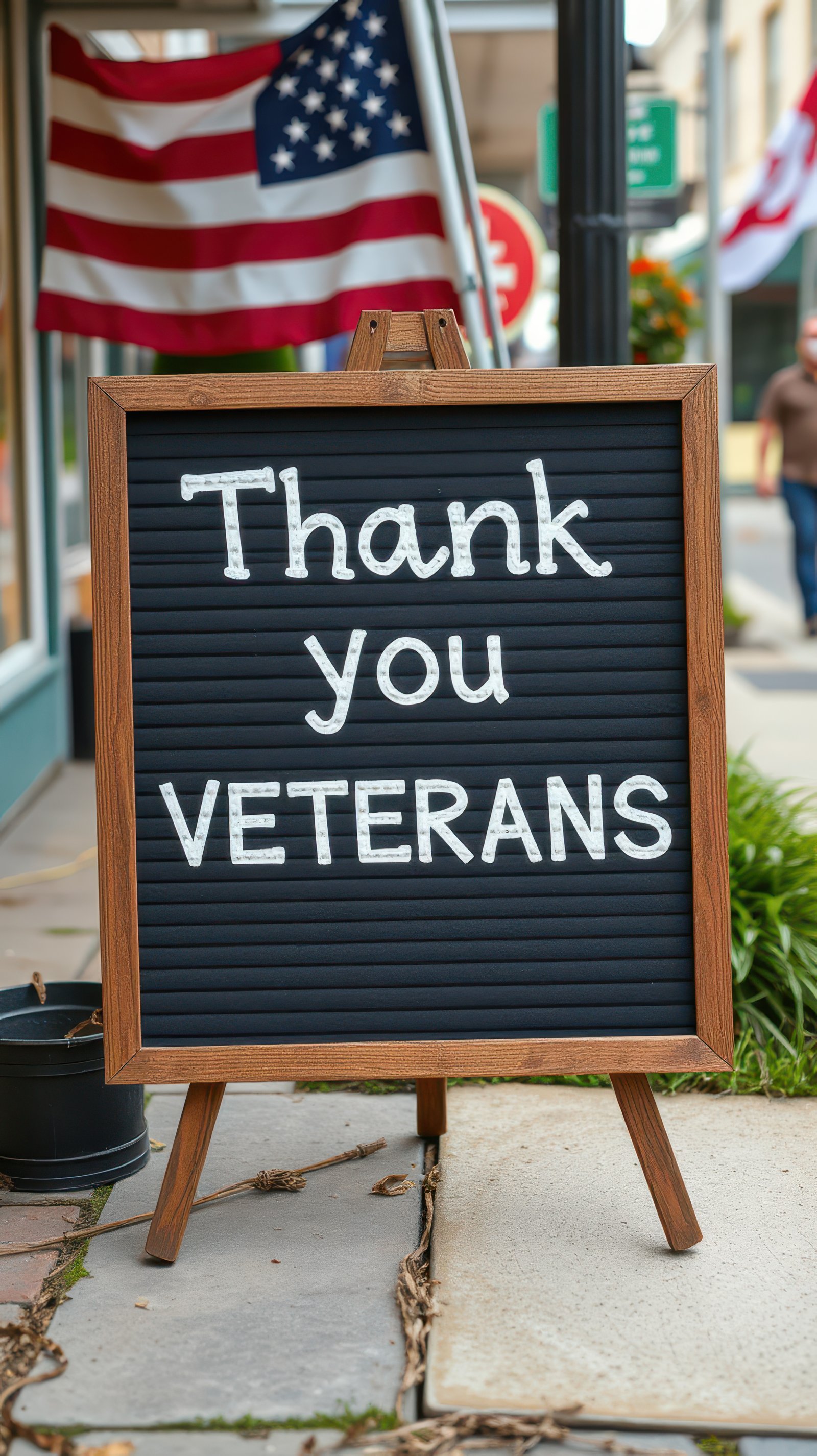 Sign expressing gratitude for veterans displayed on sidewalk with American flags in background